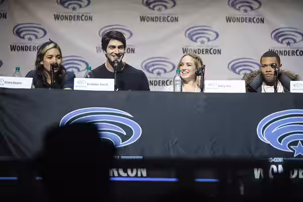 Ciara Renée, Brandon Routh, Caity Lotz and Franz Drameh speaking at the 2016 WonderCon, for "Legends of Tomorrow", at the Los Angeles Convention Center in Los A