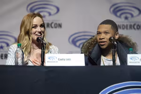 Caity Lotz and Franz Drameh speaking at the 2016 WonderCon, for "Legends of Tomorrow", at the Los Angeles Convention Center in Los Angeles, California. Please a