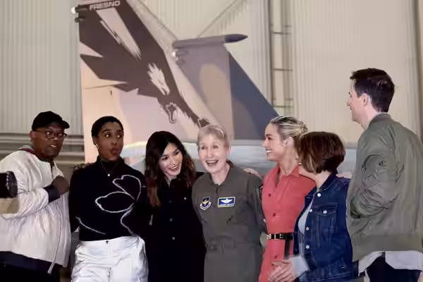 Members of the cast and crew of Captain Marvel visit Edwards Air Force Base with Gen. Jeannie Leavitt, the first female fighter pilot (2019)