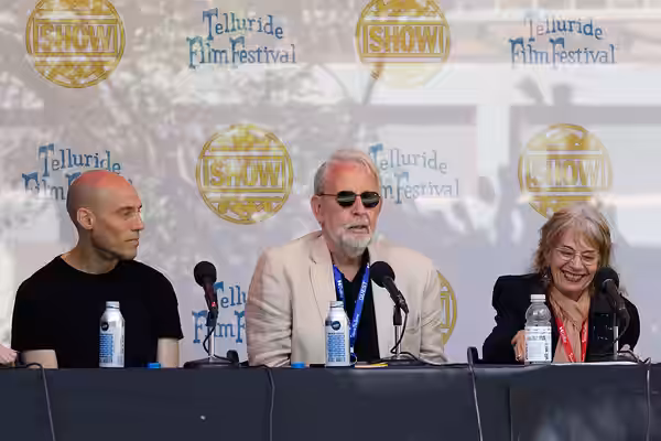 Joshua Oppenheimer, Walter Murch, and Annette Insdorf at the 2024 Telluride Film Festival during the Saturday Noon Seminar panel discussion.