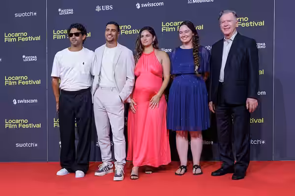 Actors Salim Kechiouche, Shain Boumedine, Ophelie Bau, Jessica Pennington and Andre Jacobs attend the Affeksjonsverdi red carpet during the 78th Locarno Film Fe (2025)