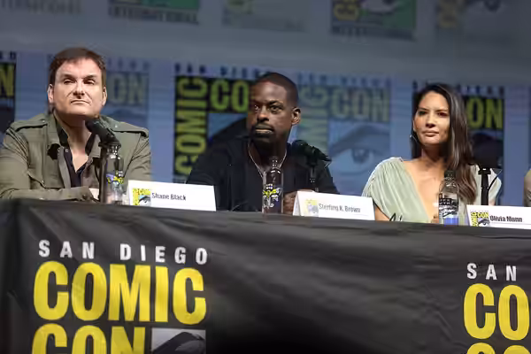 Shane Black, Sterling K. Brown and Olivia Munn speaking at the 2018 San Diego Comic Con International, for "The Predator", at the San Diego Convention Center in