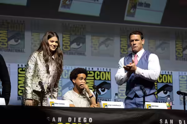 Hailee Steinfeld, Jorge Lendeborg Jr. and John Cena speaking at the 2018 San Diego Comic Con International, for "Bumblebee", at the San Diego Convention Center 