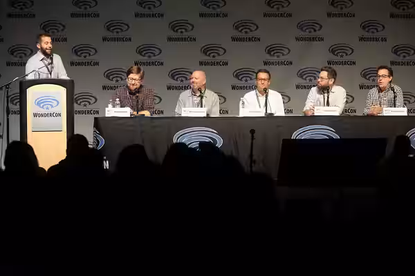 Josh Macuga, Rodrigo Blaas, Marc Guggenheim, Chad Hammes, Dan Hageman and Kevin Hageman speaking at the 2017 WonderCon, for "Trollhunters", at the Anaheim Conve