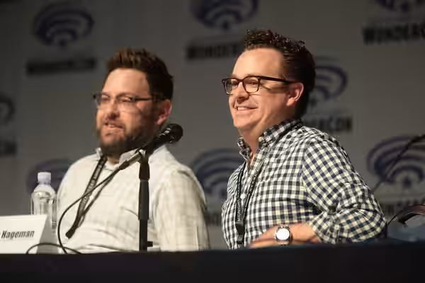Dan and Kevin Hageman speaking at the 2017 WonderCon, for "Trollhunters", at the Anaheim Convention Center in Anaheim, California. Please attribute to Gage Skid