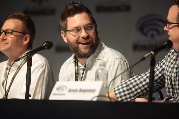 Dan Hageman speaking at the 2017 WonderCon, for "Trollhunters", at the Anaheim Convention Center in Anaheim, California. Please attribute to Gage Skidmore if us