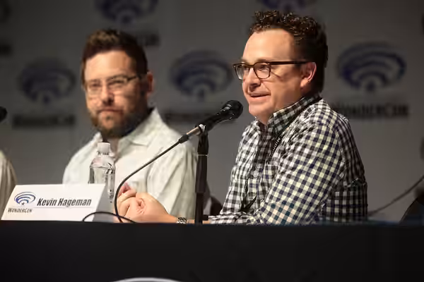 Dan and Kevin Hageman speaking at the 2017 WonderCon, for "Trollhunters", at the Anaheim Convention Center in Anaheim, California. Please attribute to Gage Skid