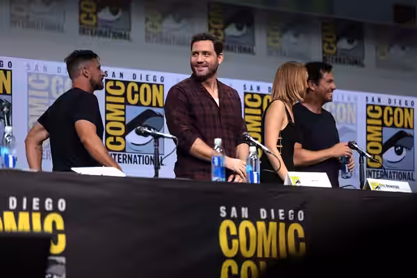 David Ayer, Edgar Ramirez, Lucy Fry and Eric Newman speaking at the 2017 San Diego Comic Con International, for "Bright", at the San Diego Convention Center in 