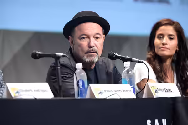 Ruben Blades and Mercedes Mason speaking at the 2015 San Diego Comic Con International, for "Fear the Walking Dead", at the San Diego Convention Center in San D