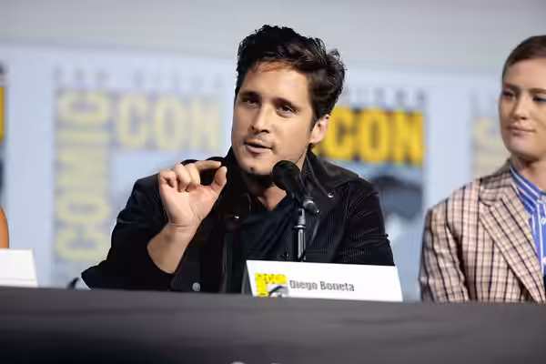 Diego Boneta speaking at the 2019 San Diego Comic Con International, for "Terminator: Dark Fate", at the San Diego Convention Center in San Diego, California. P