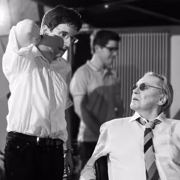 Helmut Berger (right) and Alexander Tuschinski (left) on the set of Timeless. (2015)