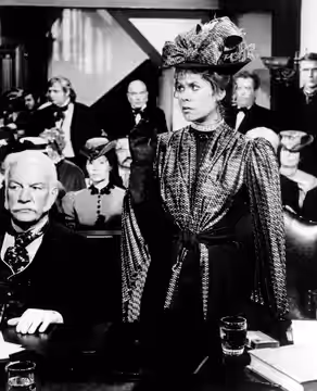 Photo from the made for television film The Legend of Lizzie Borden. Lizzie Borden (Elizabeth Montgomery) is shown in court with her lawyer (Don Porter) to hear (1975)