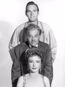 Photo of the supporting cast of Gunsmoke in 1960. From top-Dennis Weaver (Chester Goode), Milburn Stone (Doc Adams) and Amanda Blake (Miss Kitty Russell).