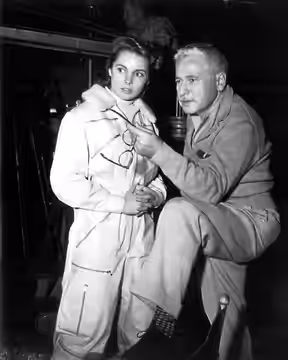 Jet Pilot (1957). Josef von Sternberg, director. On set publicity photo, Janet Leigh, Sternberg. RKO Pictures.