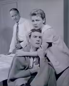 L. to r.: Frank Silvera, Peter Mark Richman &amp; Vivian Blaine in the Michael V. Gazzo's play A Hatful of Rain (Broadway, 1956) - publicity still (cropped) (1957)