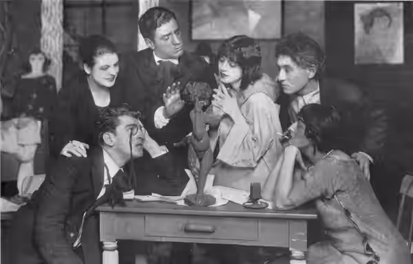 (Standing) Grace Morse, Geoffrey Stein, Beatrice Prentice, Theodore Doucet; (seated) Noel Tearle and Helen Westley, in Act I of "Hobohemia," a farce-comedy of G (1919)