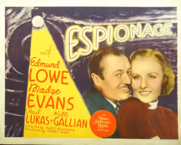 Lobby card for the American drama film Espionage (1937).