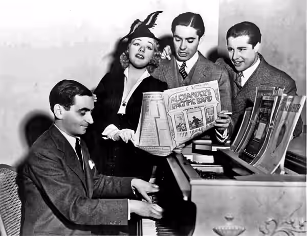 Press photo of Irving Berlin and the stars of the film, Alexander's Ragtime Band, L-R: Alice Faye, Tyrone Power, and Don Ameche. (1938)