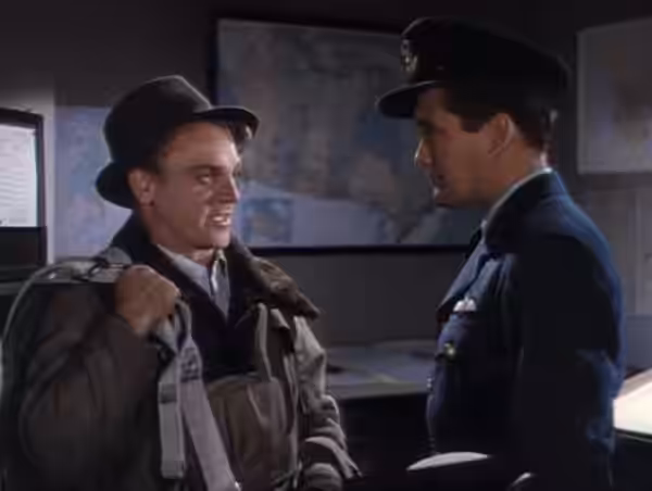 James Cagney (left) &amp; Dennis Morgan in Captains of the Clouds - trailer (cropped screenshot) (1942)