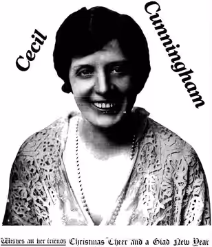 Holiday greeting advertisement by actress Cecil Cunningham, on page 2 of the December 22, 1916 Variety.