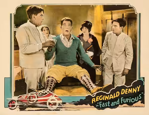 Lobby card for the American comedy film Fast and Furious (1927).