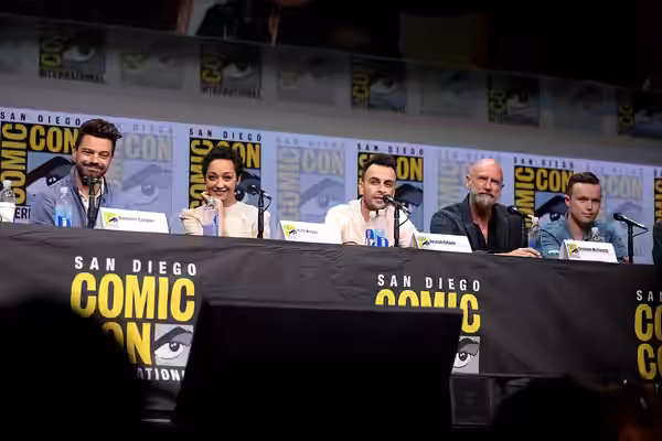 Dominic Cooper, Ruth Negga, Joseph Gilgun, Graham McTavish and Ian Colletti speaking at the 2017 San Diego Comic Con International, for "Preacher", at the San D