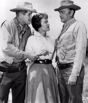 Photo of Dan Duryea, Jane Wyman ad John McIntire from the television program Wagon Train.