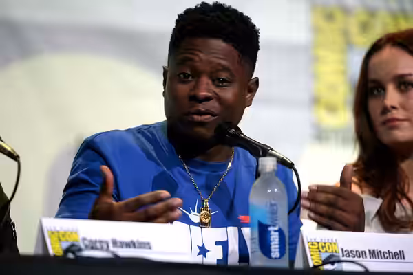 Jason Mitchell speaking at the 2016 San Diego Comic Con International, for "Kong: Skull Island", at the San Diego Convention Center in San Diego, California. Pl