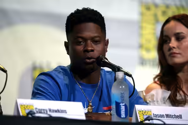 Jason Mitchell speaking at the 2016 San Diego Comic Con International, for "Kong: Skull Island", at the San Diego Convention Center in San Diego, California. Pl