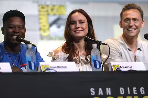 Brie Larson and Tom Hiddleston speaking at the 2016 San Diego Comic Con International, for "Kong: Skull Island", at the San Diego Convention Center in San Diego