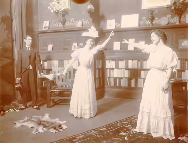 A scene from The Man on the Box, which played in Seattle in Dec. 1906. Includes Morgan Wallace, Clara Louise Chapman, and Helen Holmes (on right). Subjects: pla