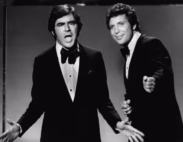 Photo of guest star Anthony Newley and Tom Jones from the television program This is Tom Jones. (1969)