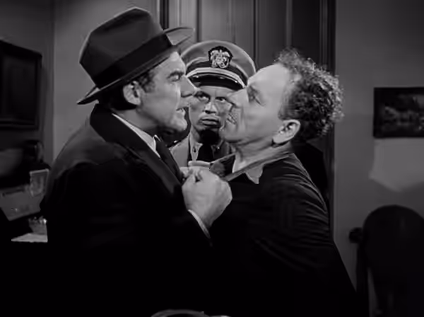 L. to R. : Paul Douglas, Richard Widmark &amp; Alexis Minotis in Panic in the Streets - trailer (cropped screenshot) (1950)