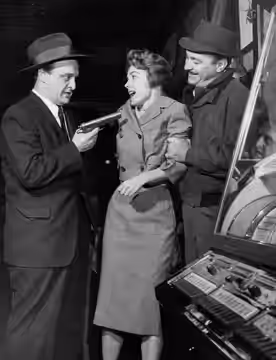 L. to R. : Vincent Gardenia, Virginia Gibson &amp; Val Avery in the TV-series Armstrong Circle Theatre, episode Sound of Violence - publicity still (cropped) (1959)