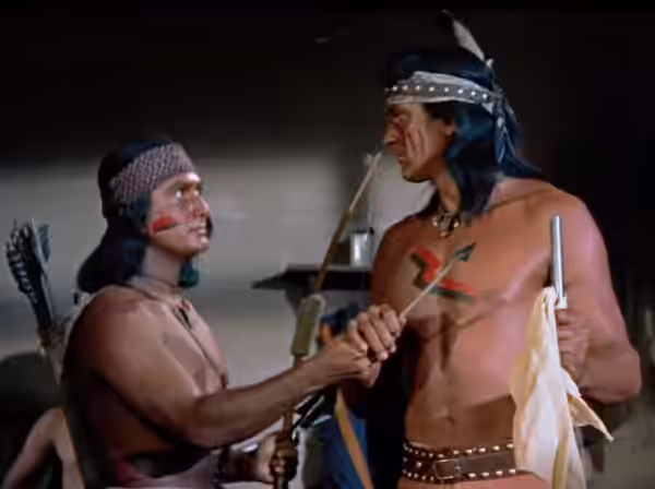 Eugene Iglesias (left) &amp; Rock Hudson in Taza, Son of Cochise - trailer (cropped screenshot) (1954)