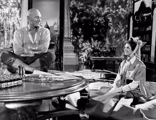 Photo of Yul Brynner and Samantha Eggar from the television program Anna and the King. Brynner portrayed the King of Siam in the stage and film versions also. (1972)