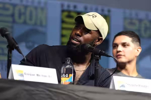 Trevante Rhodes speaking at the 2018 San Diego Comic Con International, for "The Predator", at the San Diego Convention Center in San Diego, California. Please 