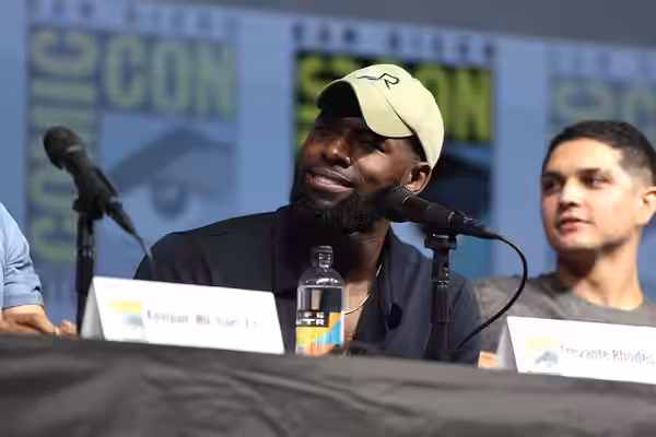 Trevante Rhodes speaking at the 2018 San Diego Comic Con International, for "The Predator", at the San Diego Convention Center in San Diego, California. Please 