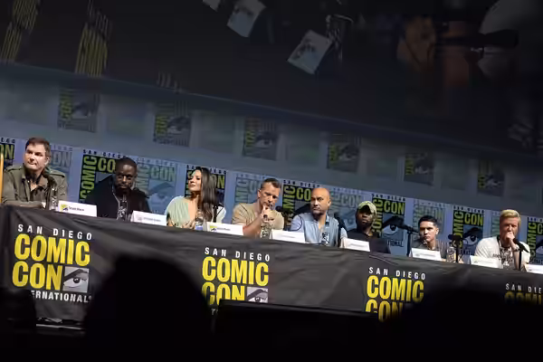 Shane Black, Sterling K. Brown, Olivia Munn, Thomas Jane, Keegan Michael-Key, Trevante Rhodes, Augusto Aguilera and Jake Busey speaking at the 2018 San Diego Co