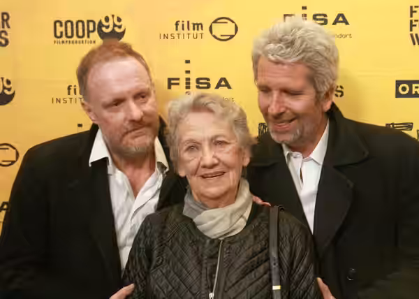 Christoph Grissemann, Ingrid Burkhard and Dirk Stermann at the premiere of Drei Eier im Glas at Gartenbaukino in Vienna, Austria. (2015)