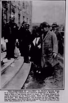 Caption text says "THE COMPOSER OF SALOME, Dr. Richard Strauss, drops in to inspect the industrial and technical exhibition in Munich. Always a more or less sto