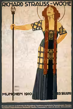 Richard Strauss-Woche. München 1910, 23–28 Juni. Poster by Ludwig Hohlwein for a week-long festival of music by Richard Strauss, showing a woman (Salome?) holdi