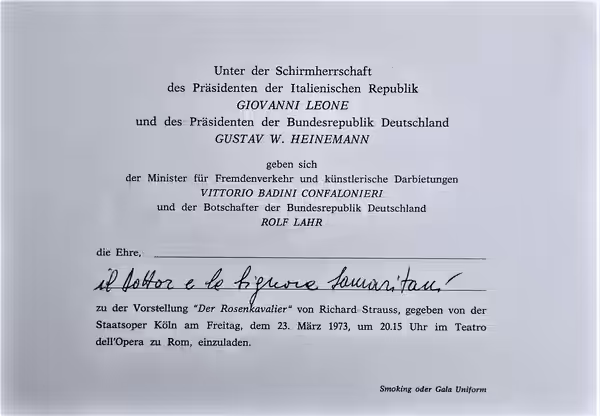 Invito ad Aldo Samaritani e signora ad assistere alla rappresentazione di un'opera di Richard Strauss, in occasione della visita ufficiale del presidente della  (2020)