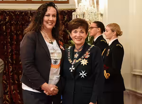 Rima Te Wiata (left), of Auckland, after her investiture as MNZM, for services to film and television, by the governor-general, Dame Patsy Reddy, on 24 May 2017