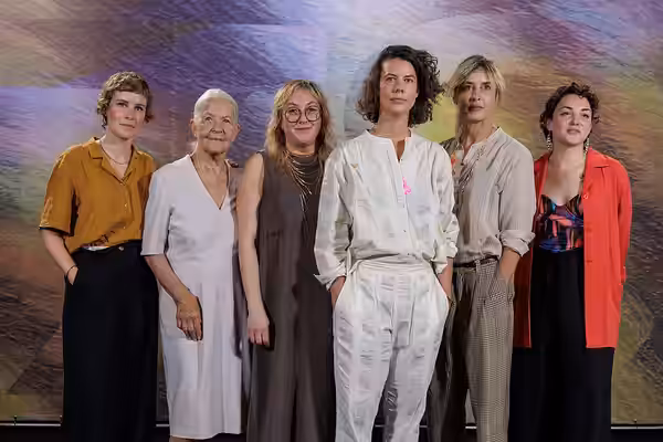 Carla Juri, Hildegard Schmahl, Jil Krammer, Director Rosanne Pel, Susanne Wolff and Amke Wegner attend the 'Donkey Days' photocall during the 78th Locarno Film  (2025)