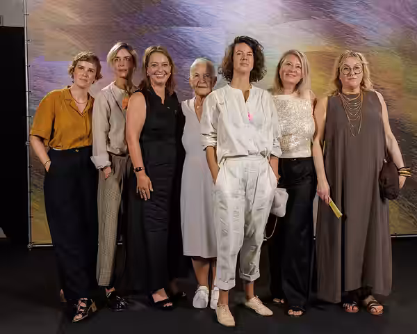 Carla Juri, Hildegard Schmahl, Jil Krammer, Director Rosanne Pel, Susanne Wolff and Amke Wegner attend the 'Donkey Days' photocall during the 78th Locarno Film  (2025)