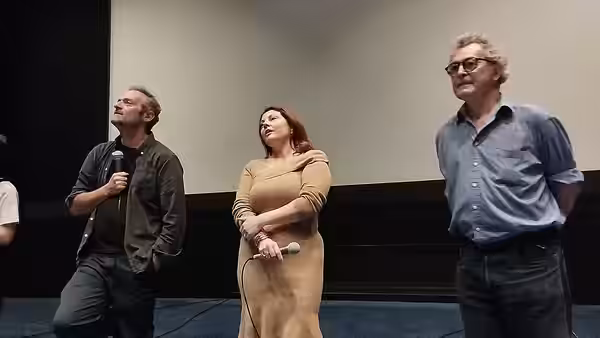 Cédric Kahn, Sophie Guillemin et Yann Dedet présentant "L'Ennui" à la Cinémathèque française, en septembre 2023.