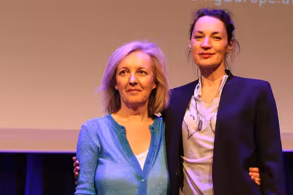 Christine Dollhofer (festival director), Jeanne Balibar (guest of honor) at the 2013 FilmFestival Linz