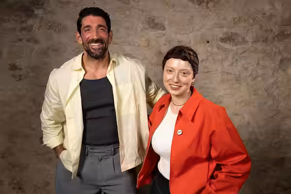 Slavko Sobin and Thea Gajic at the WikiPortraits studio at the 2025 SXSW Festival.