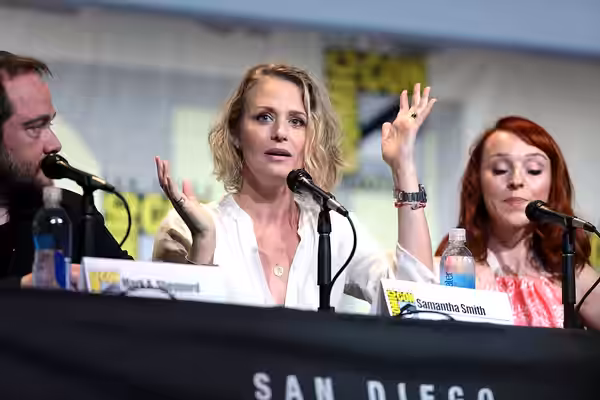 Samantha Smith and Ruth Connell speaking at the 2016 San Diego Comic Con International, for "Supernatural", at the San Diego Convention Center in San Diego, Cal